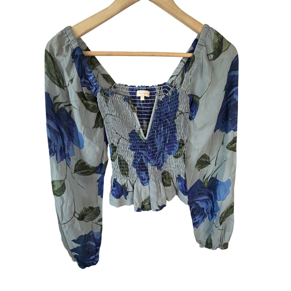 Sun Becomes Her Blue Floral Smocked V-Neck Crop Top Long Sleeve Blouse Size 2